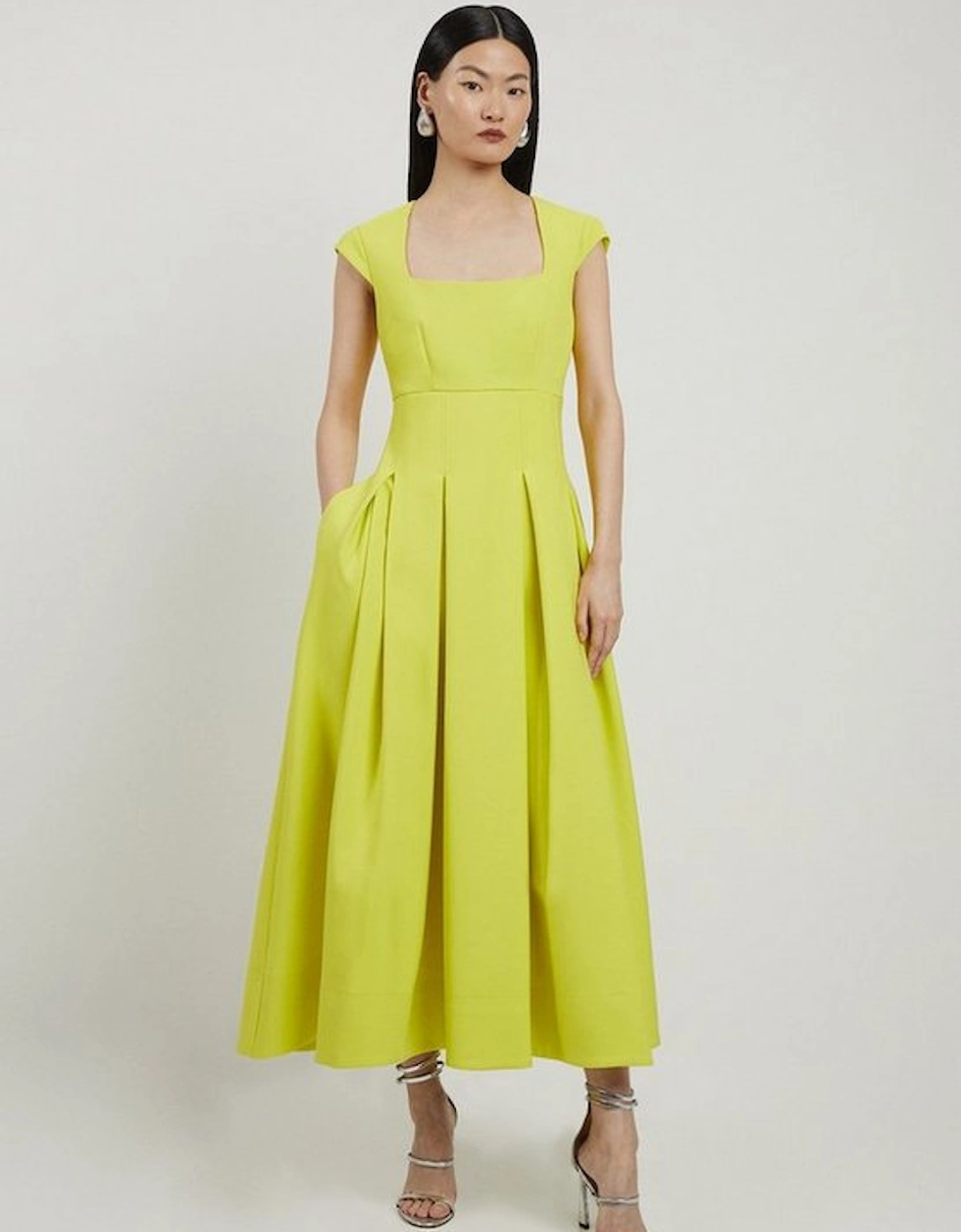 Clean Tailored Square Neck Full Skirted Midi Dress, 4 of 3