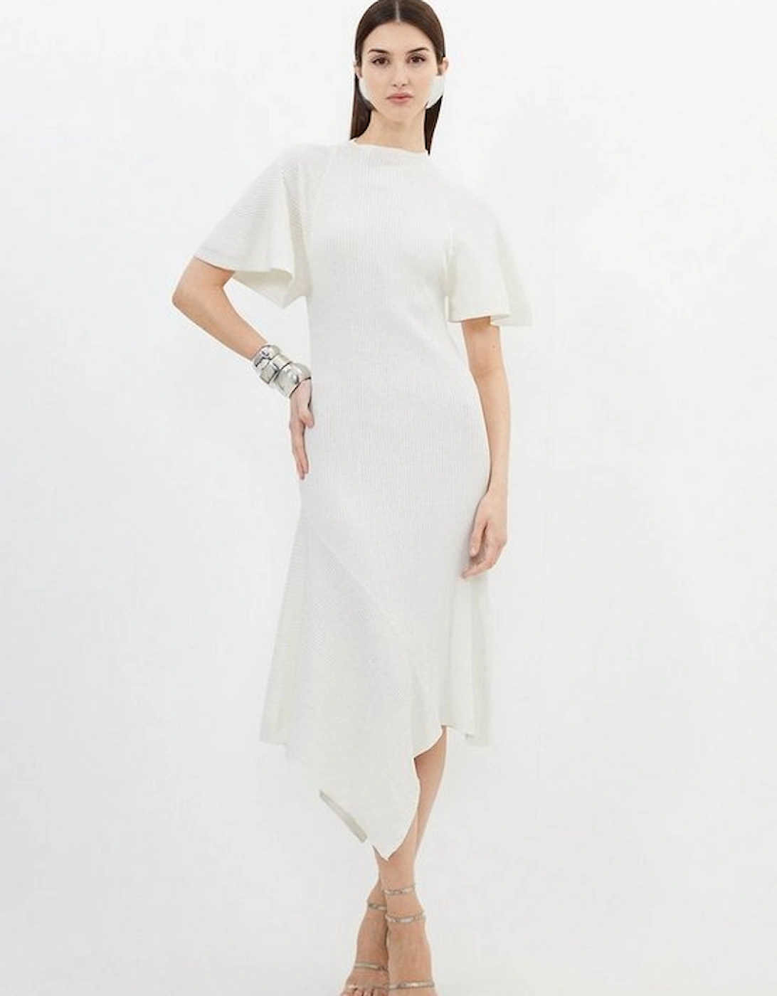 Cotton Blend Angel Sleeve Asymmetric Hem Knit Dress, 5 of 4