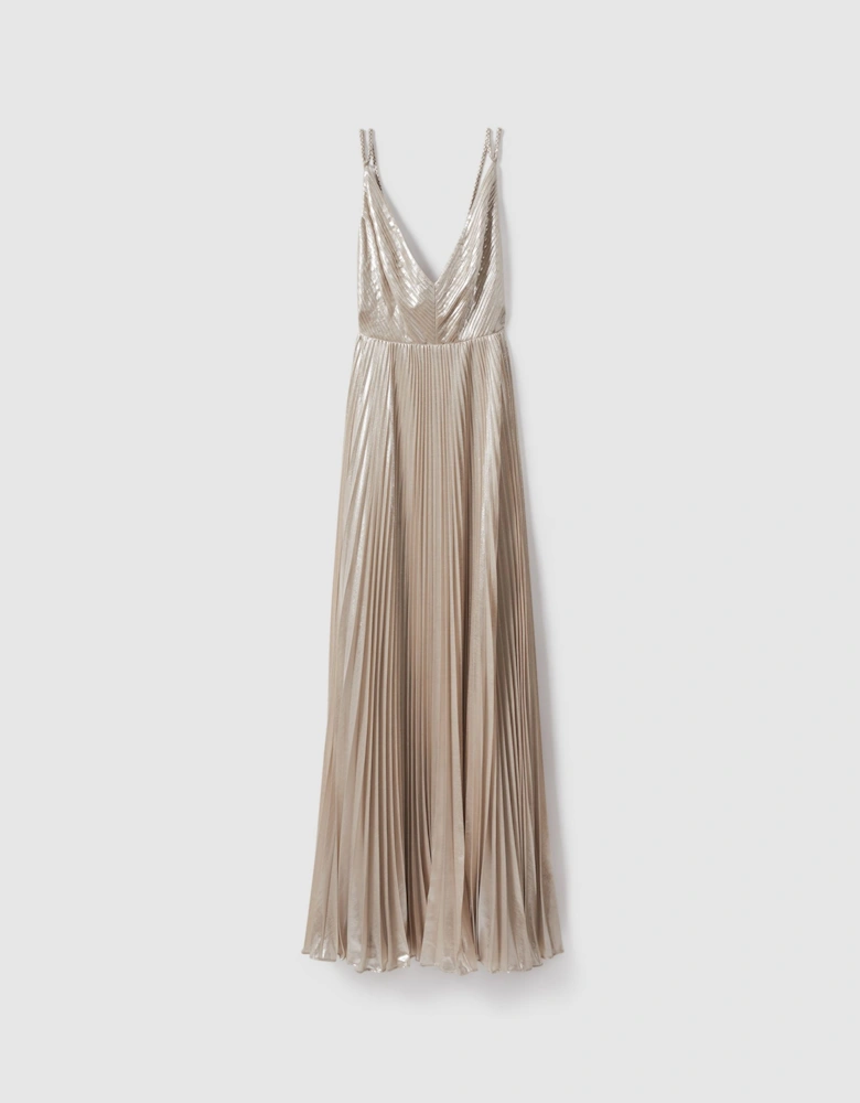 Halston Metallic Pleated Maxi Dress