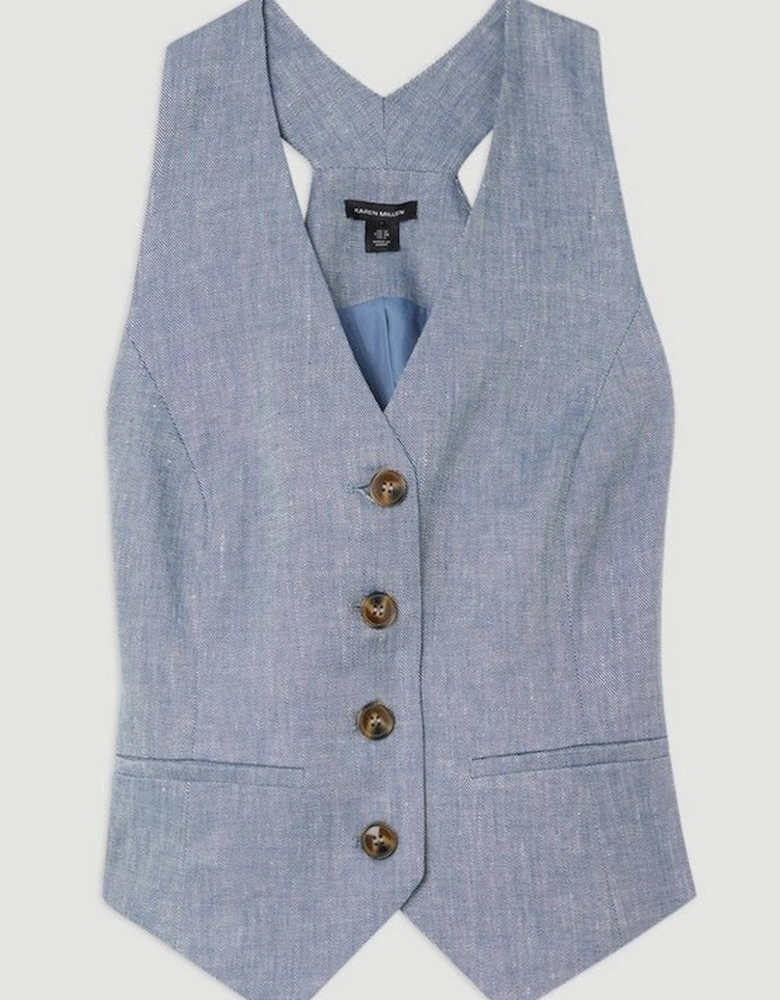 Denim Look Linen Corset Back Detail Tailored Waistcoat