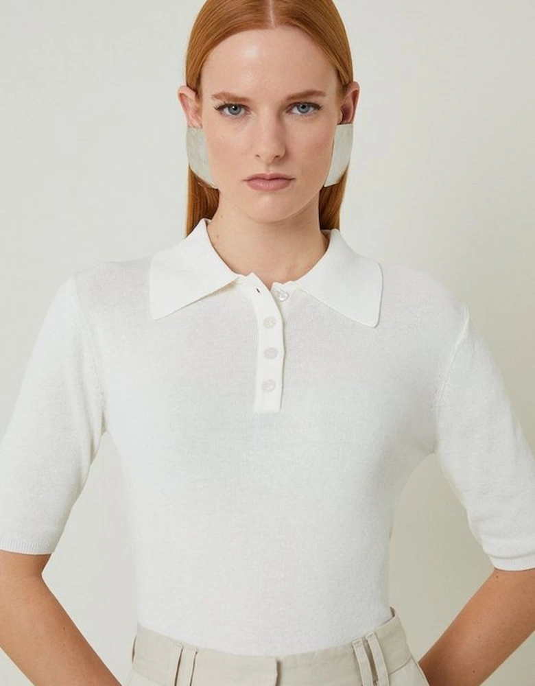 Cotton Blend Half Sleeve Polo Neck Knit Top