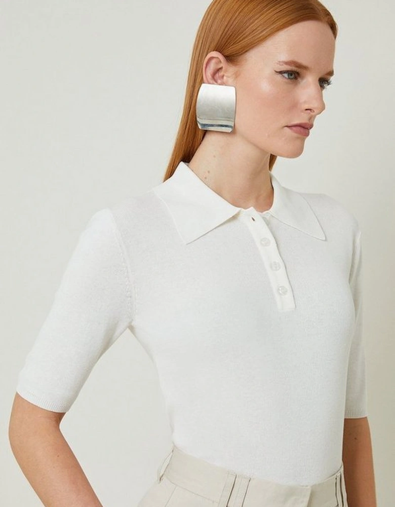 Cotton Blend Half Sleeve Polo Neck Knit Top