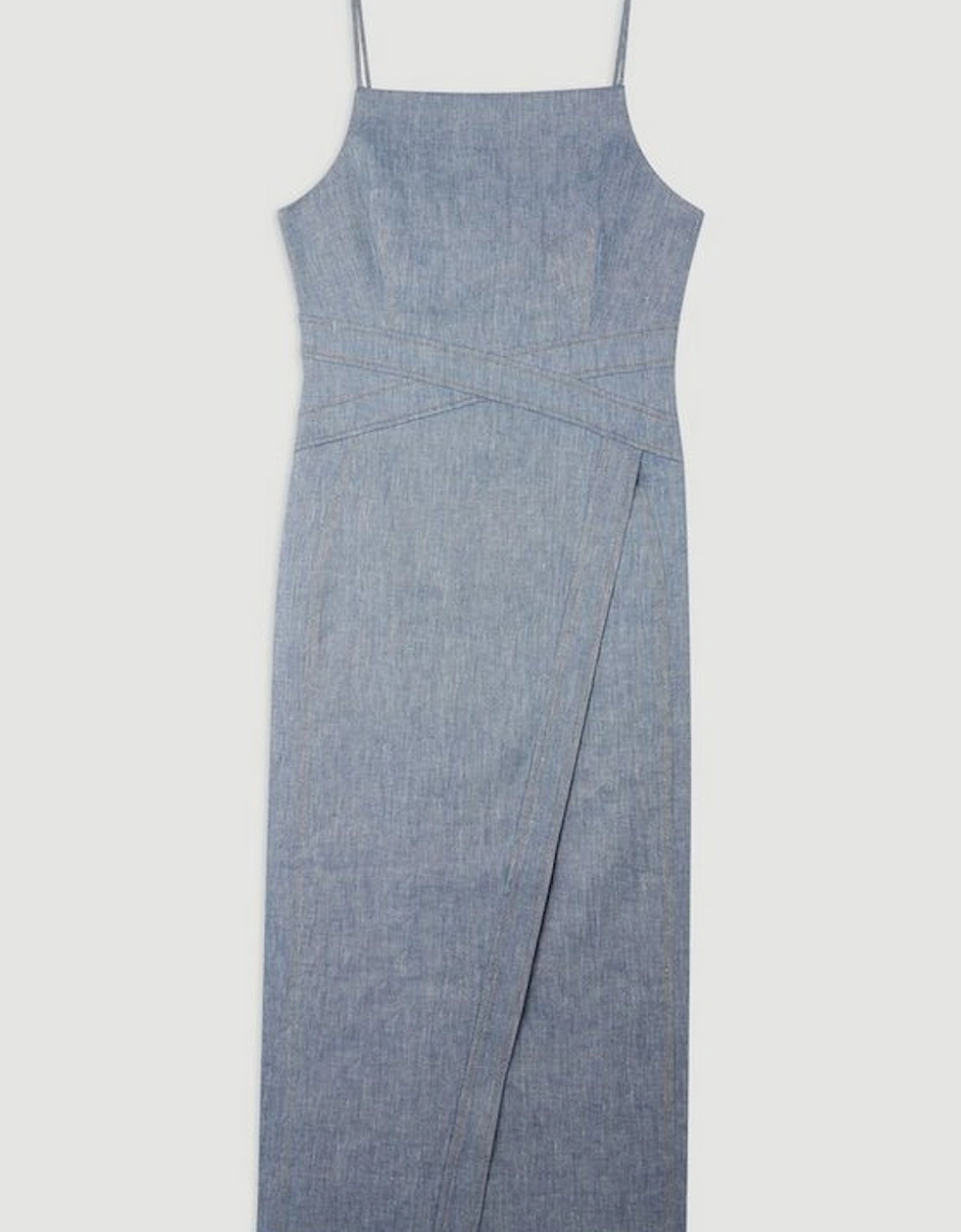 Tailored Denim Look Linen Strappy Pencil Midi Dress