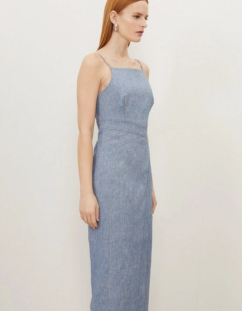 Tailored Denim Look Linen Strappy Pencil Midi Dress