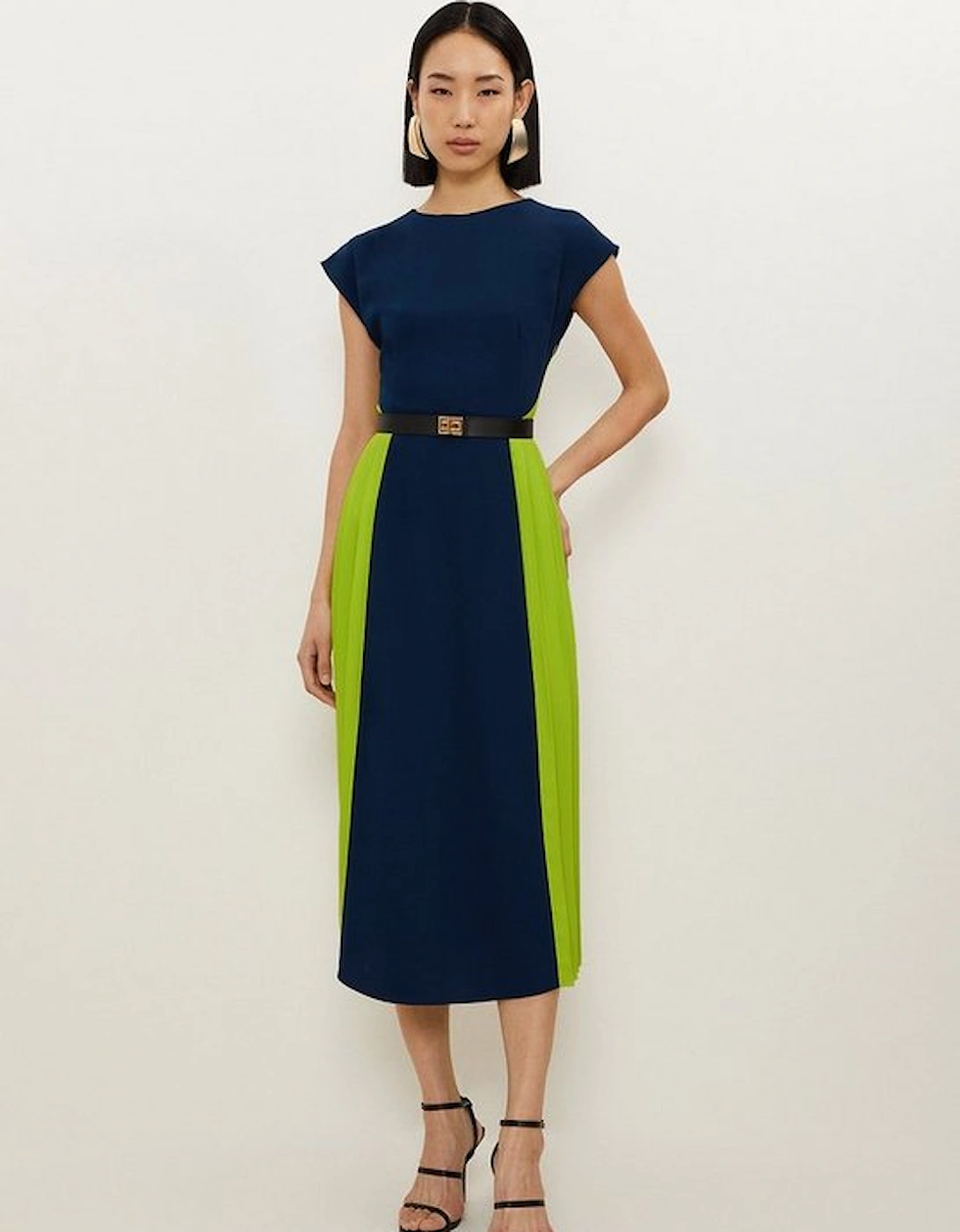 Soft Tailored Contrast Pleated Panel Skirt Midi Dress, 5 of 4