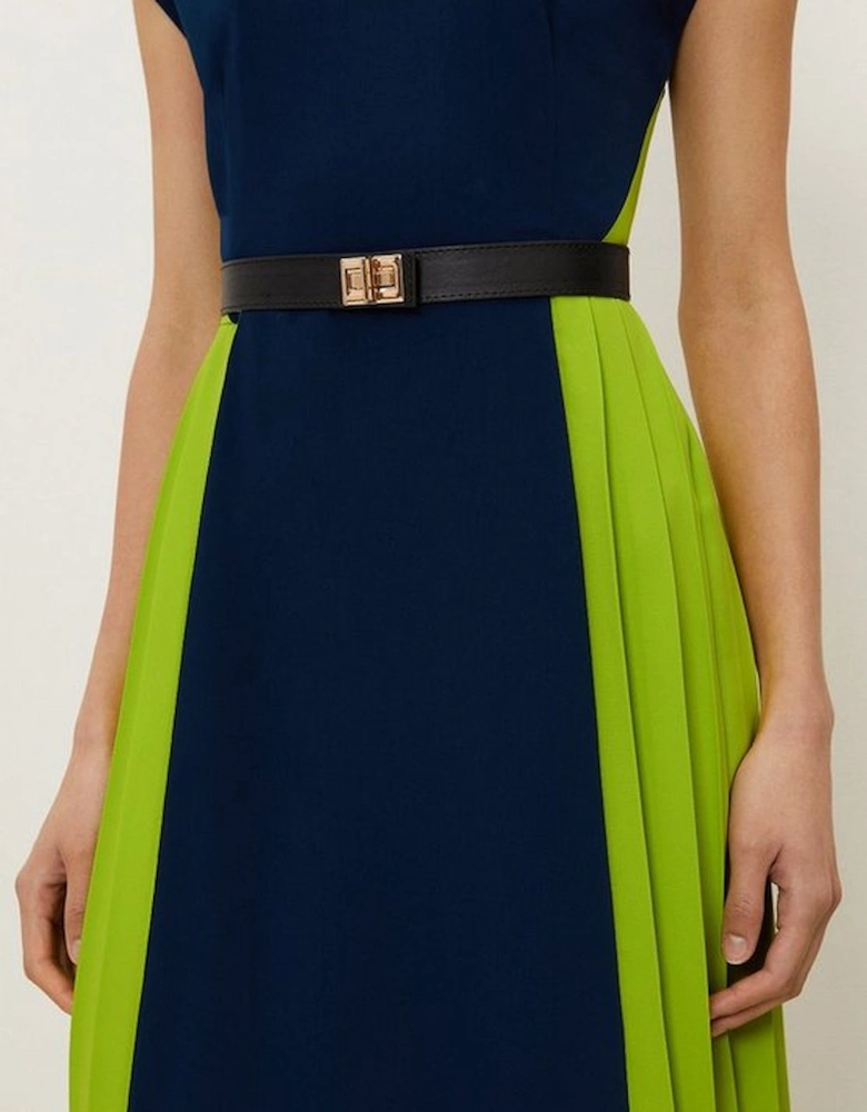 Soft Tailored Contrast Pleated Panel Skirt Midi Dress