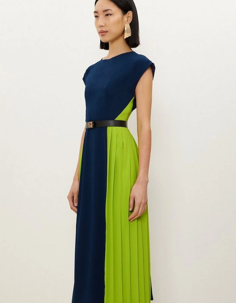 Soft Tailored Contrast Pleated Panel Skirt Midi Dress