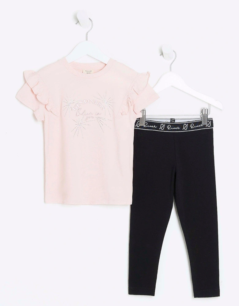 Mini Girls Embroidered Frill T-Shirt Set - Pink