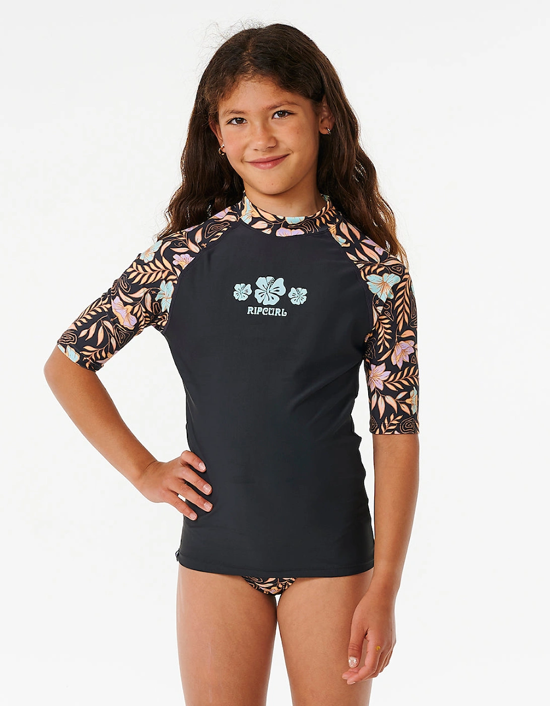 Rip Curl Girls Tropics 3 Piece Swim Surf Bikini Rash Vest Set - Washed Black