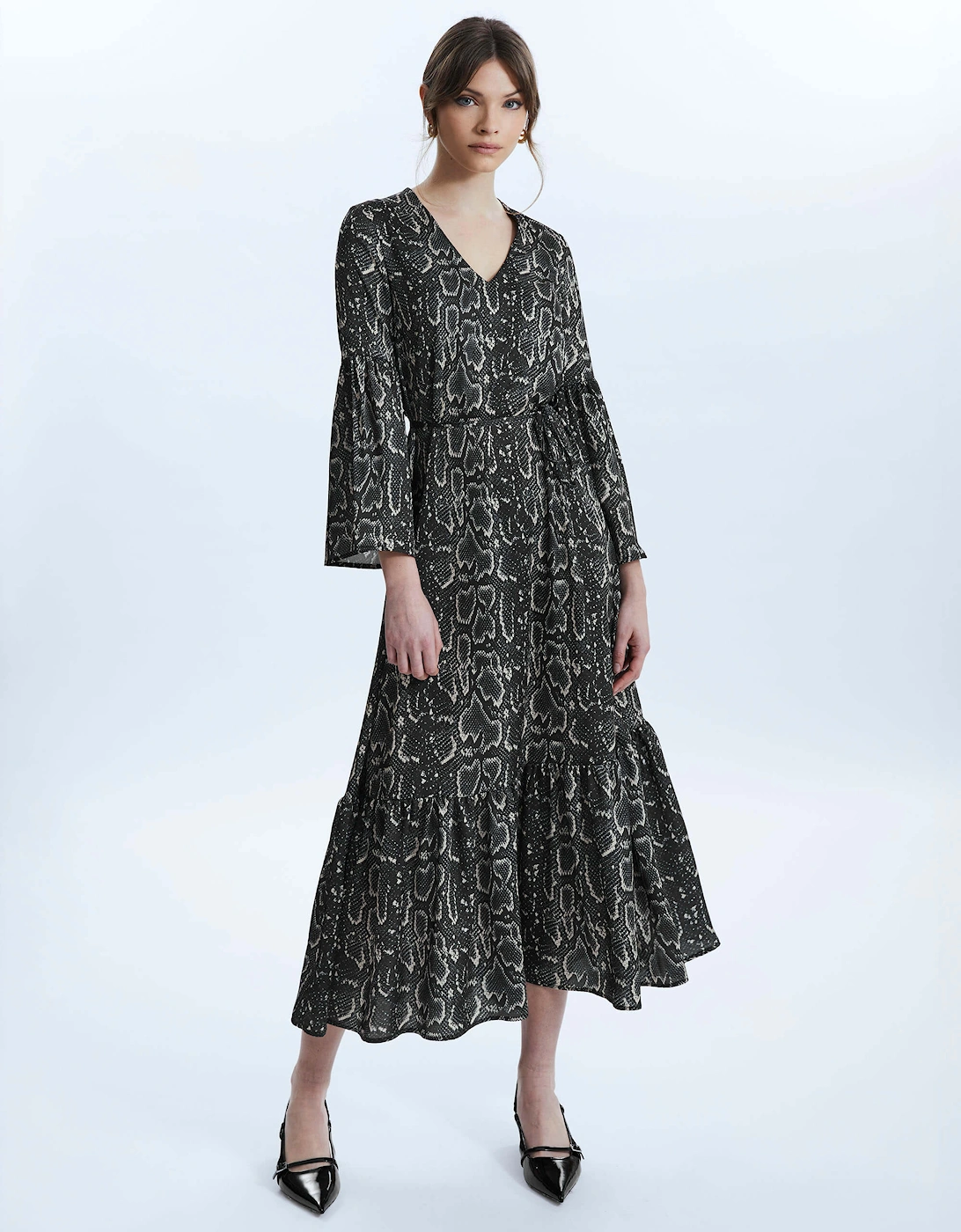 Python Print Belted Dress Black-Beige, 5 of 4