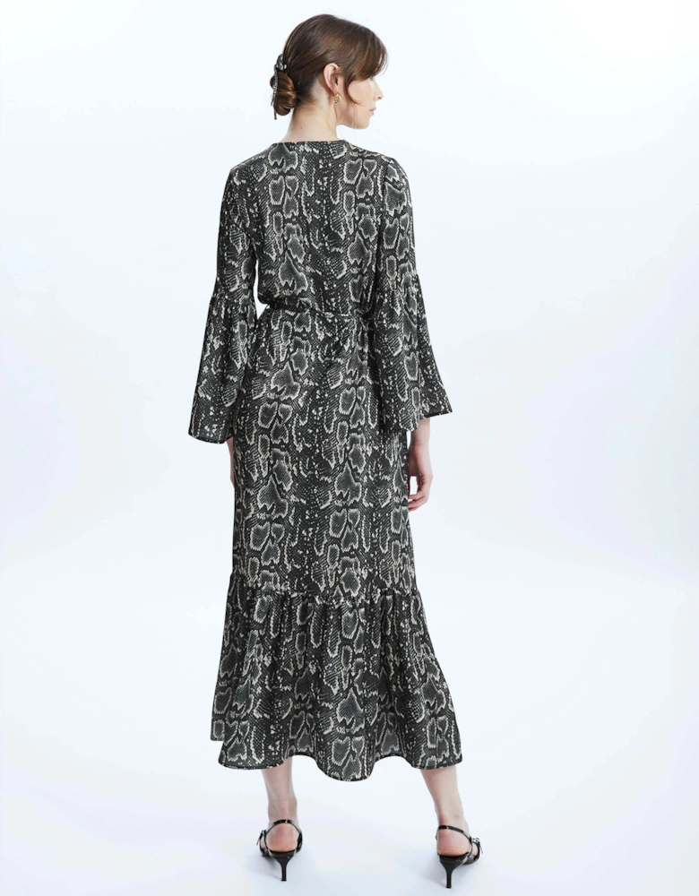 Python Print Belted Dress Black-Beige