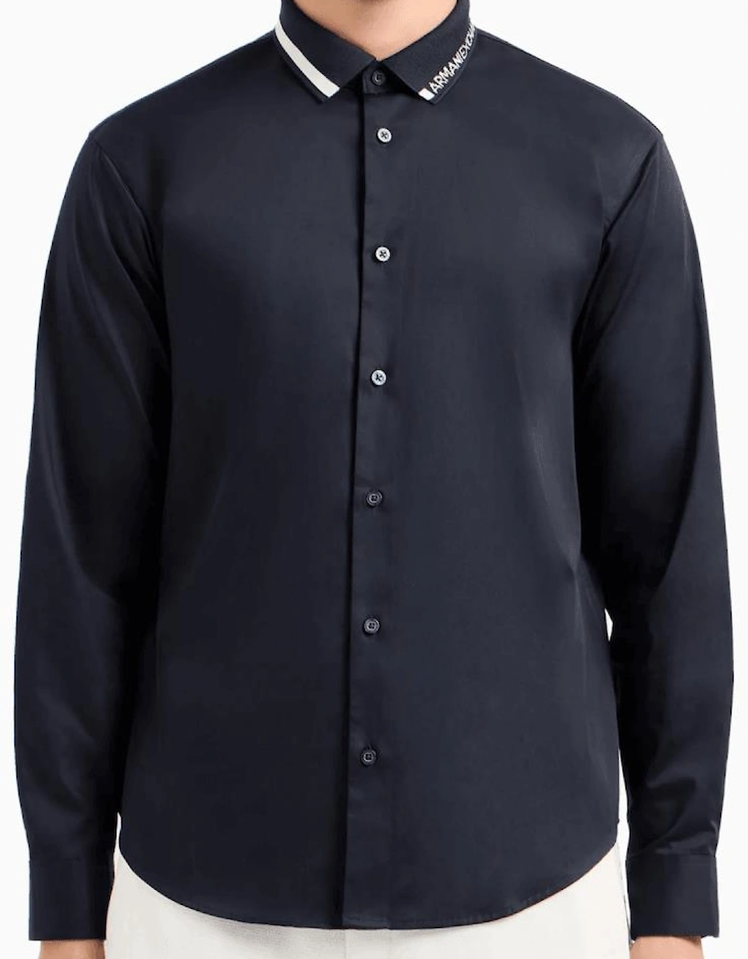 Cotton Collar Logo Navy Blue Casual Shirt