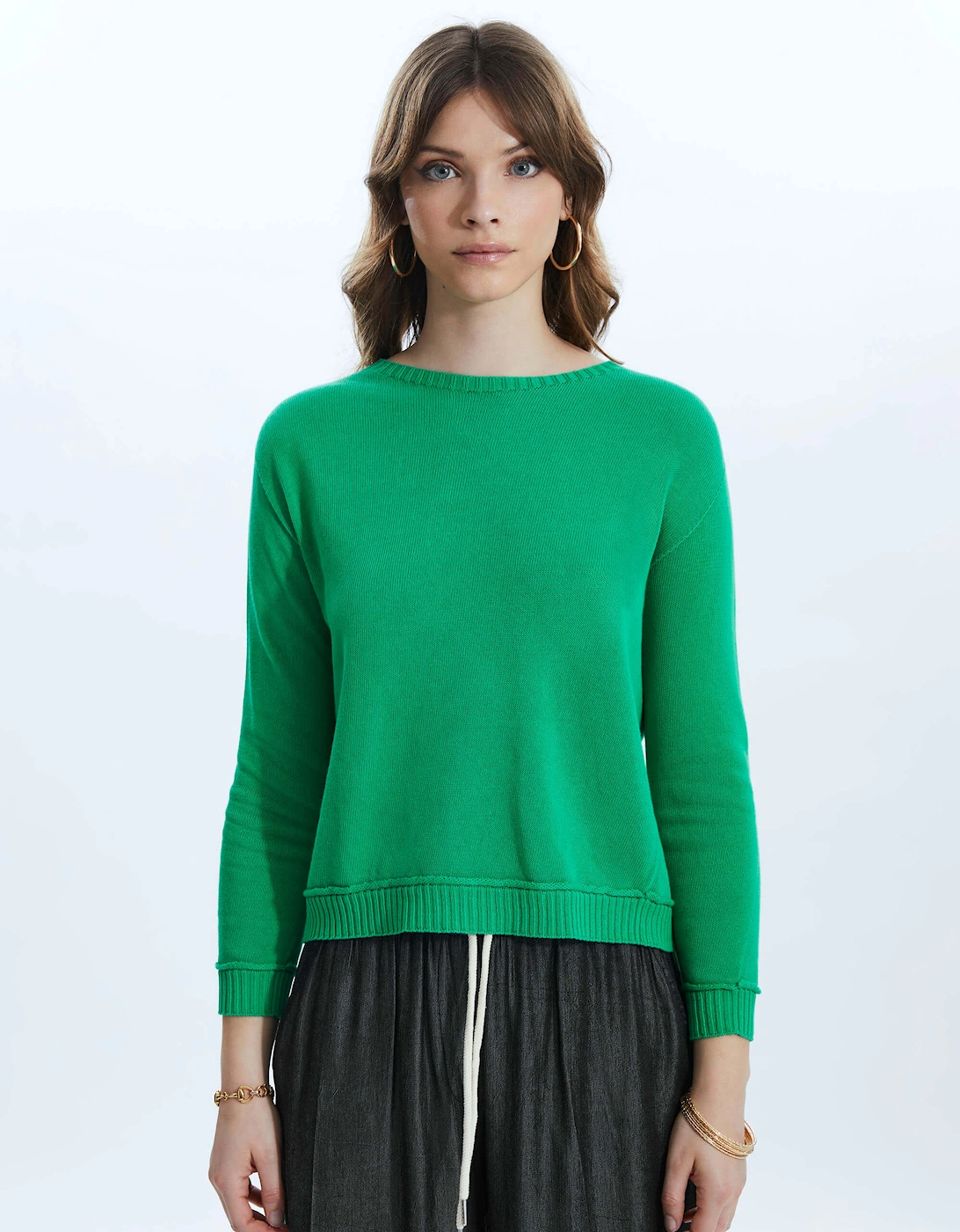 Scoop Neck Piped Edge Knit Green