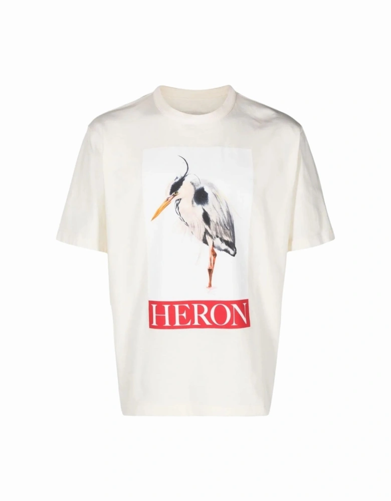 Heron Bird Painted Ivory Printed T-Shirt in White
