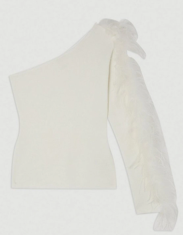 Viscose Blend One Shoulder Feather Detail Knit Top