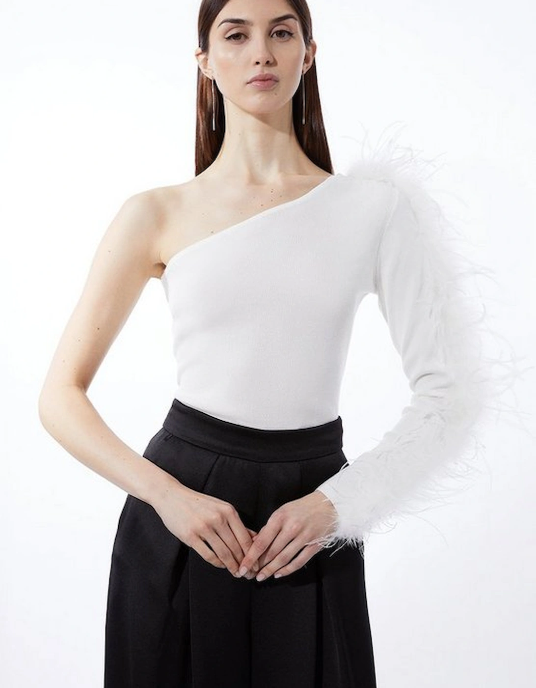 Viscose Blend One Shoulder Feather Detail Knit Top, 5 of 4