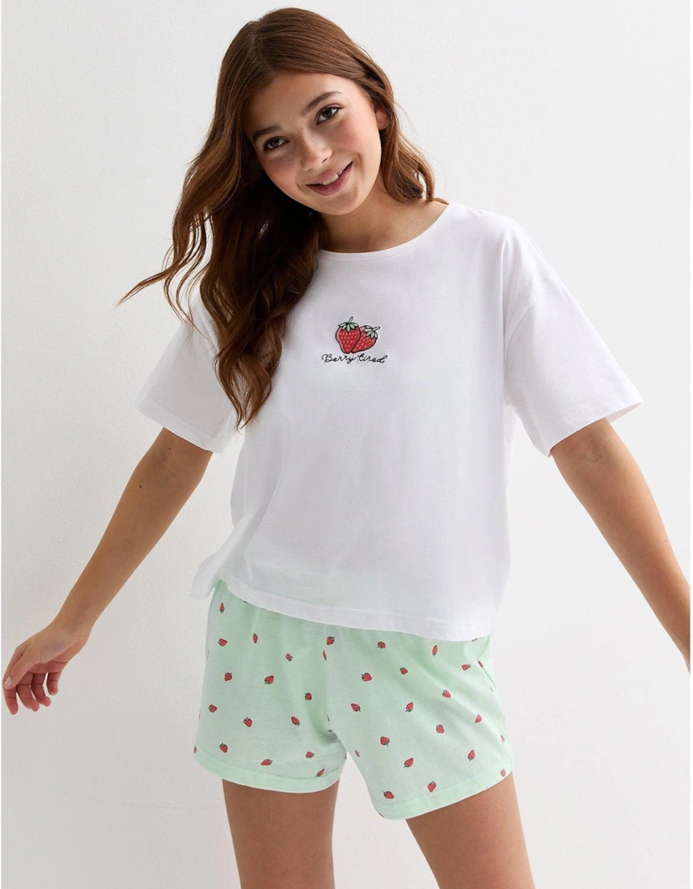 Girls White Cotton Berry Tired Logo Short Pyjama Set
