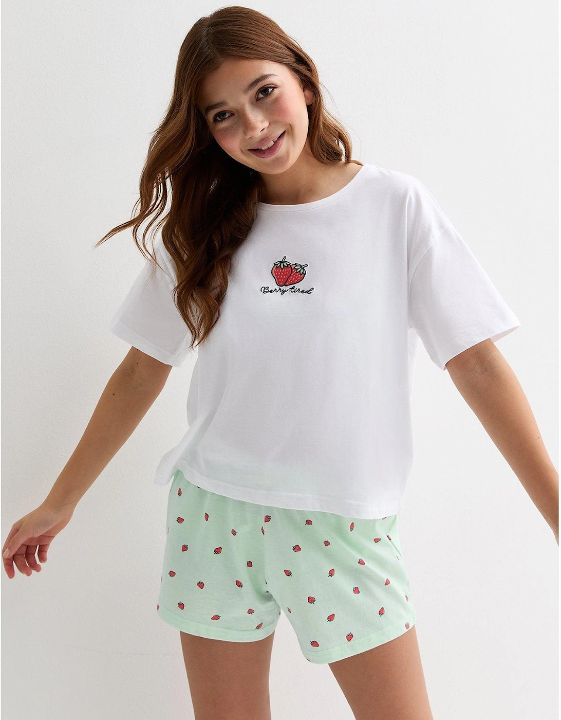 Girls White Cotton Berry Tired Logo Short Pyjama Set, 5 of 4