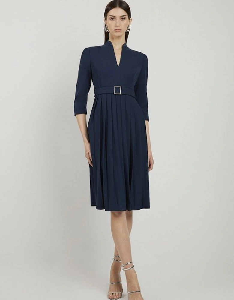 Petite Tailored Structured Crepe Pleated Midi Dress