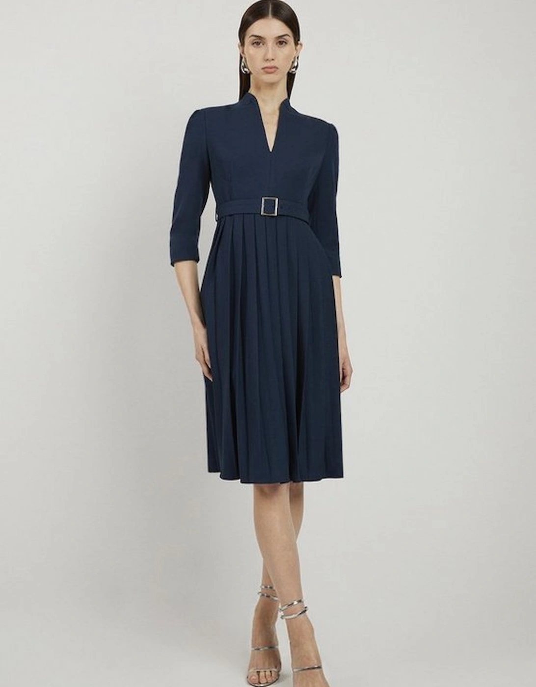 Petite Tailored Structured Crepe Pleated Midi Dress, 5 of 4