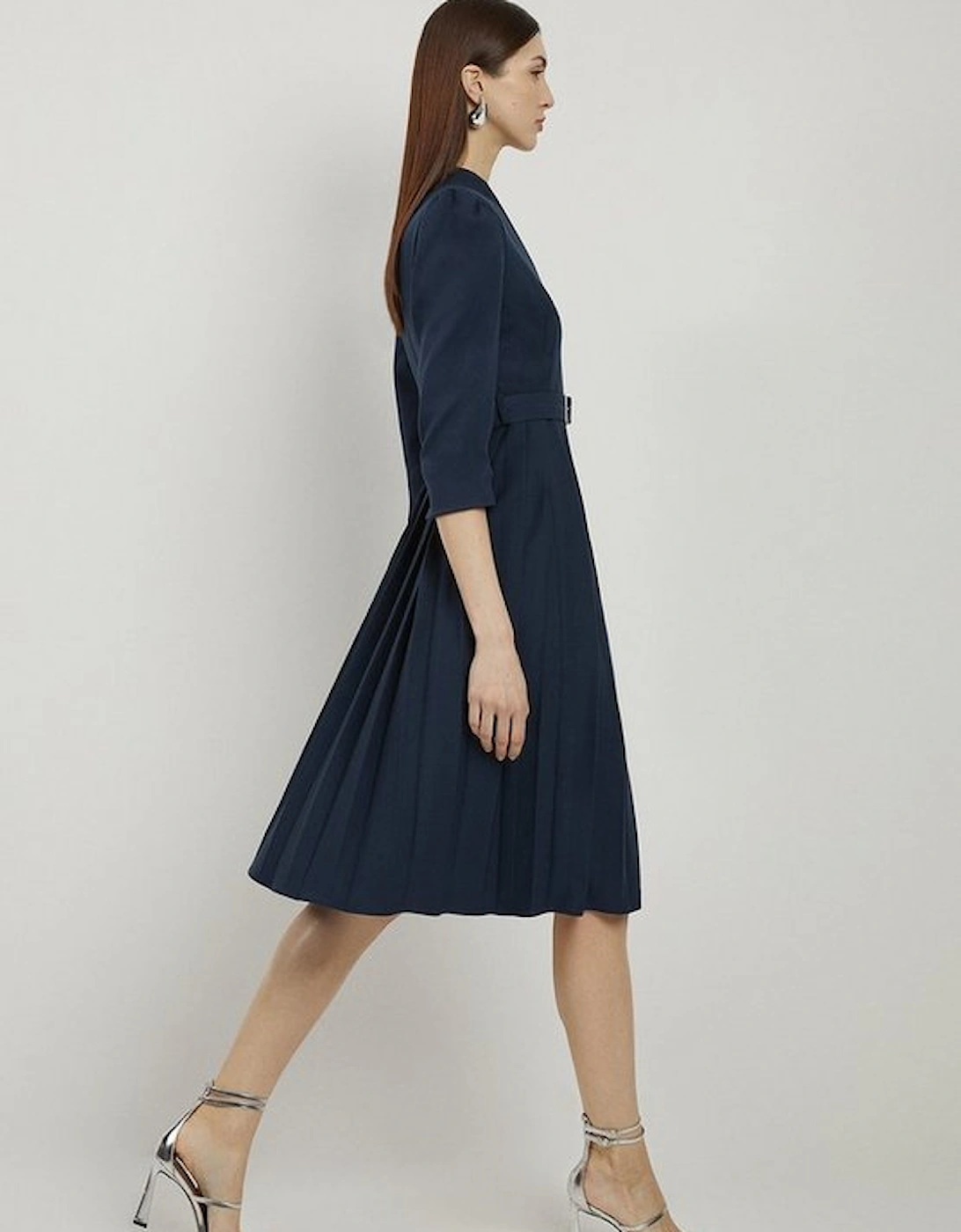 Petite Tailored Structured Crepe Pleated Midi Dress