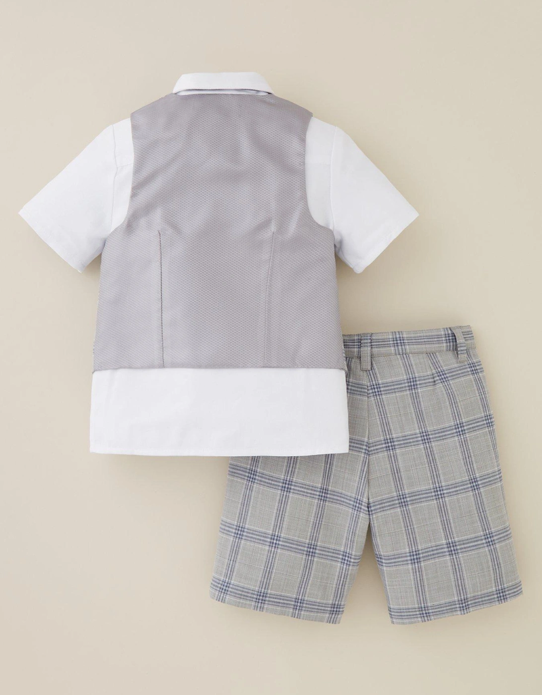 Boys Check Shorts, Waistcoat, Short Sleeve Shirt and Tie Set - Grey