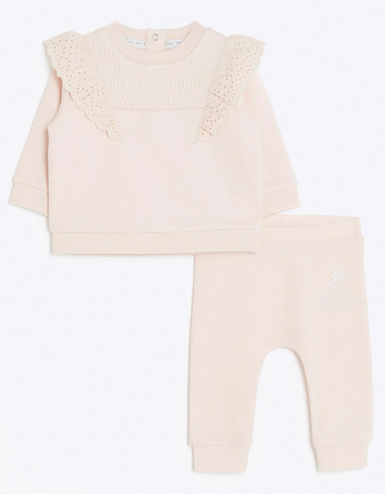 Baby Girls Broderie Sweatshirt Set - Pink