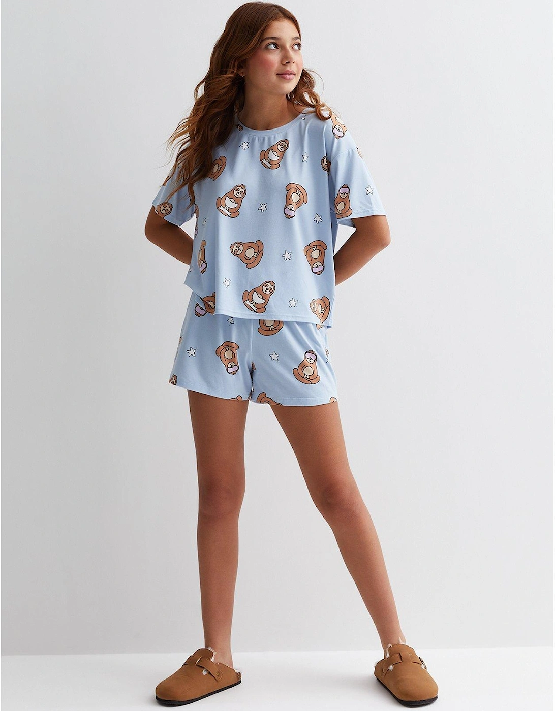 Girls Blue Short Pyjama Set with Sloth Print, 2 of 1