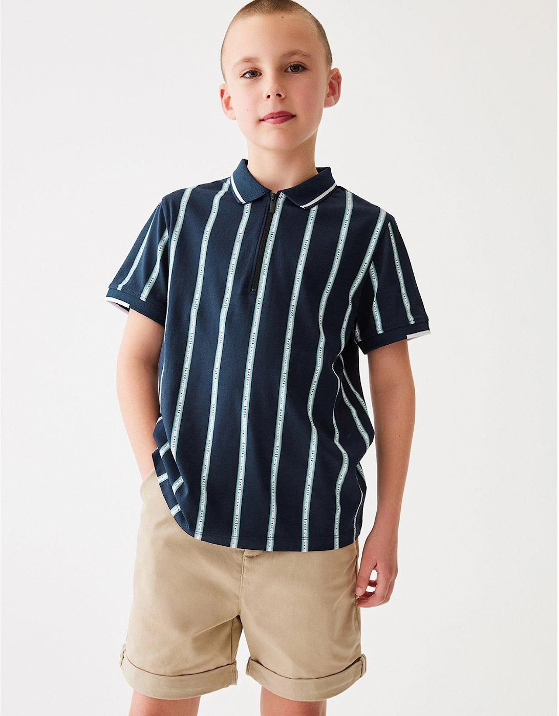 Older Boys Navy Stripe Polo Shirt, 3 of 2