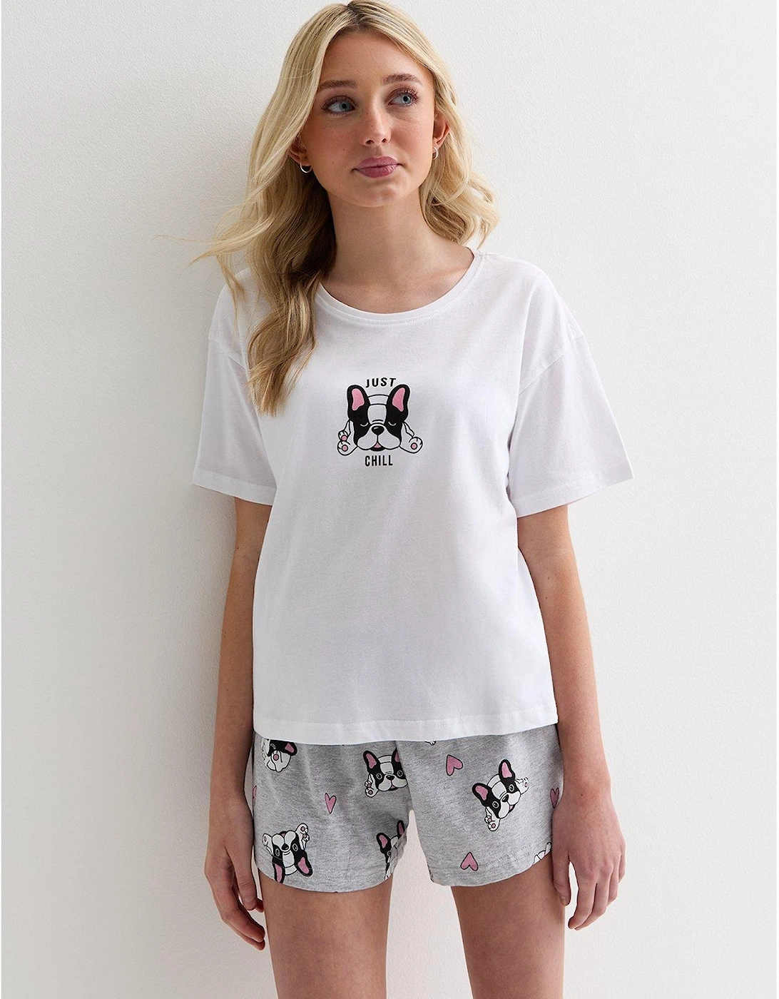 Girls White Short Pyjama Set with Frenchie Logo, 2 of 1