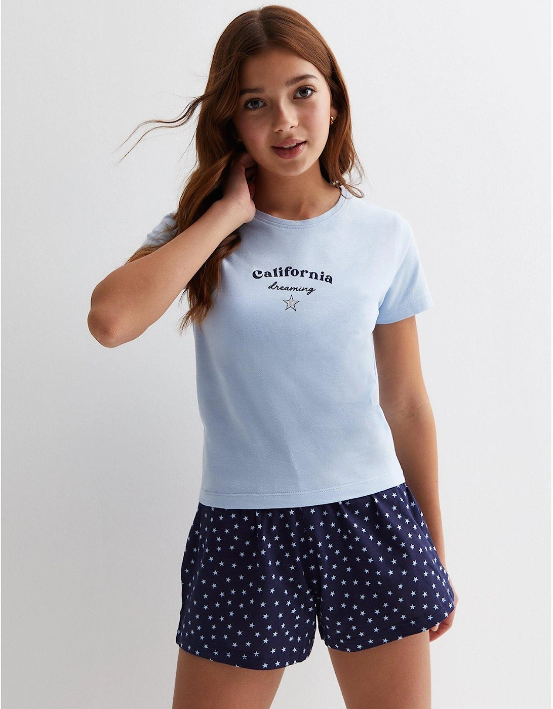 Girls Pale Blue Short Pyjama Set with California Dreaming Logo, 2 of 1