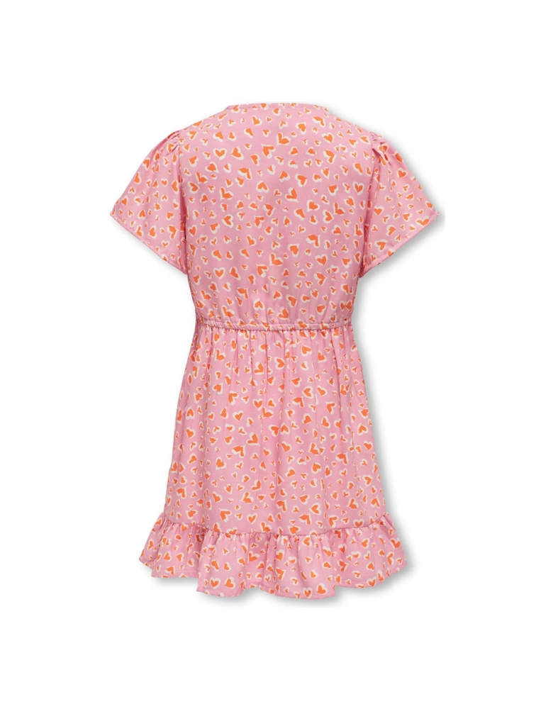 Girls Heart Print Tie Waist Dress - Begonia Pink