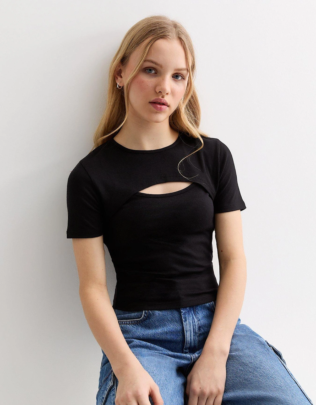 Girls Black Ribbed 2 in 1 Crew Neck Top, 5 of 4