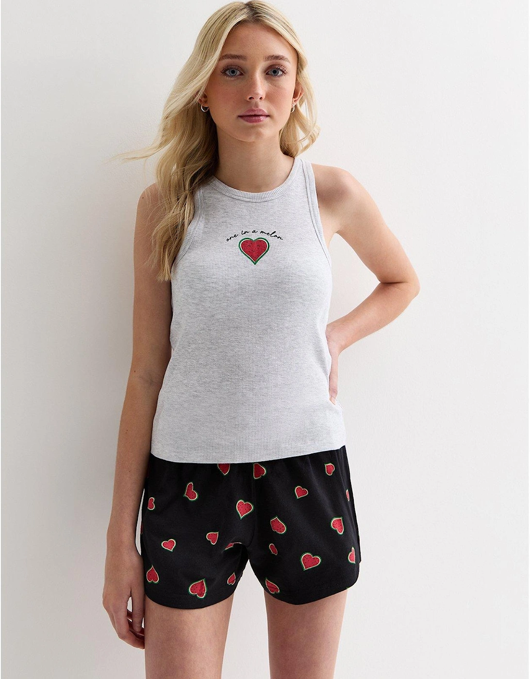 Girls Grey Short Pyjama Set with Watermelon Logo, 3 of 2
