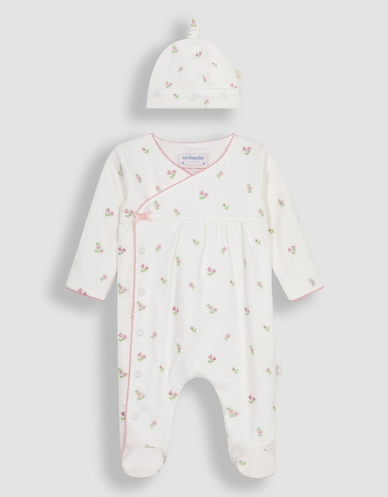 Girls Floral Embroidered Pretty Sleepsuit & Hat - Cream