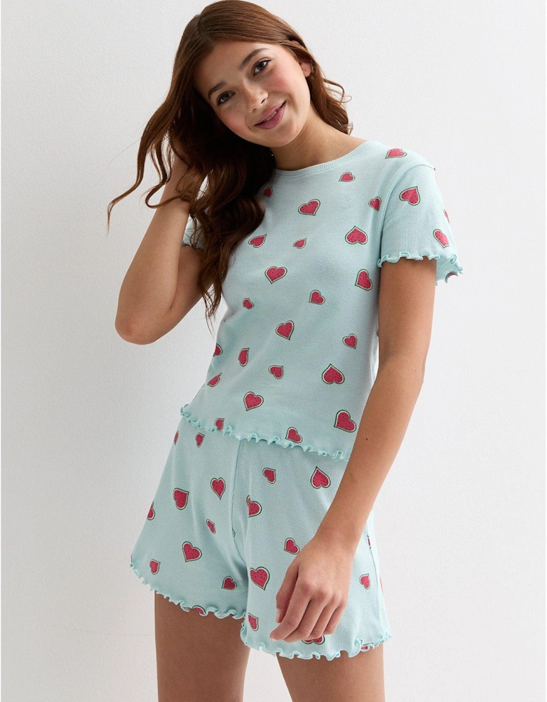 Girls Pale Blue Cotton Watermelon Heart Print Short Pyjamas