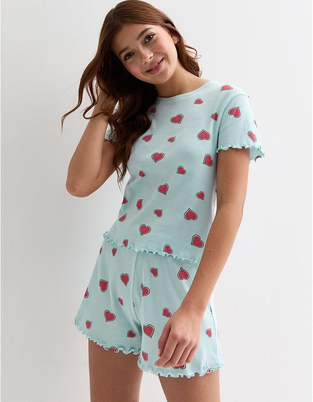 Girls Pale Blue Cotton Watermelon Heart Print Short Pyjamas, 2 of 1
