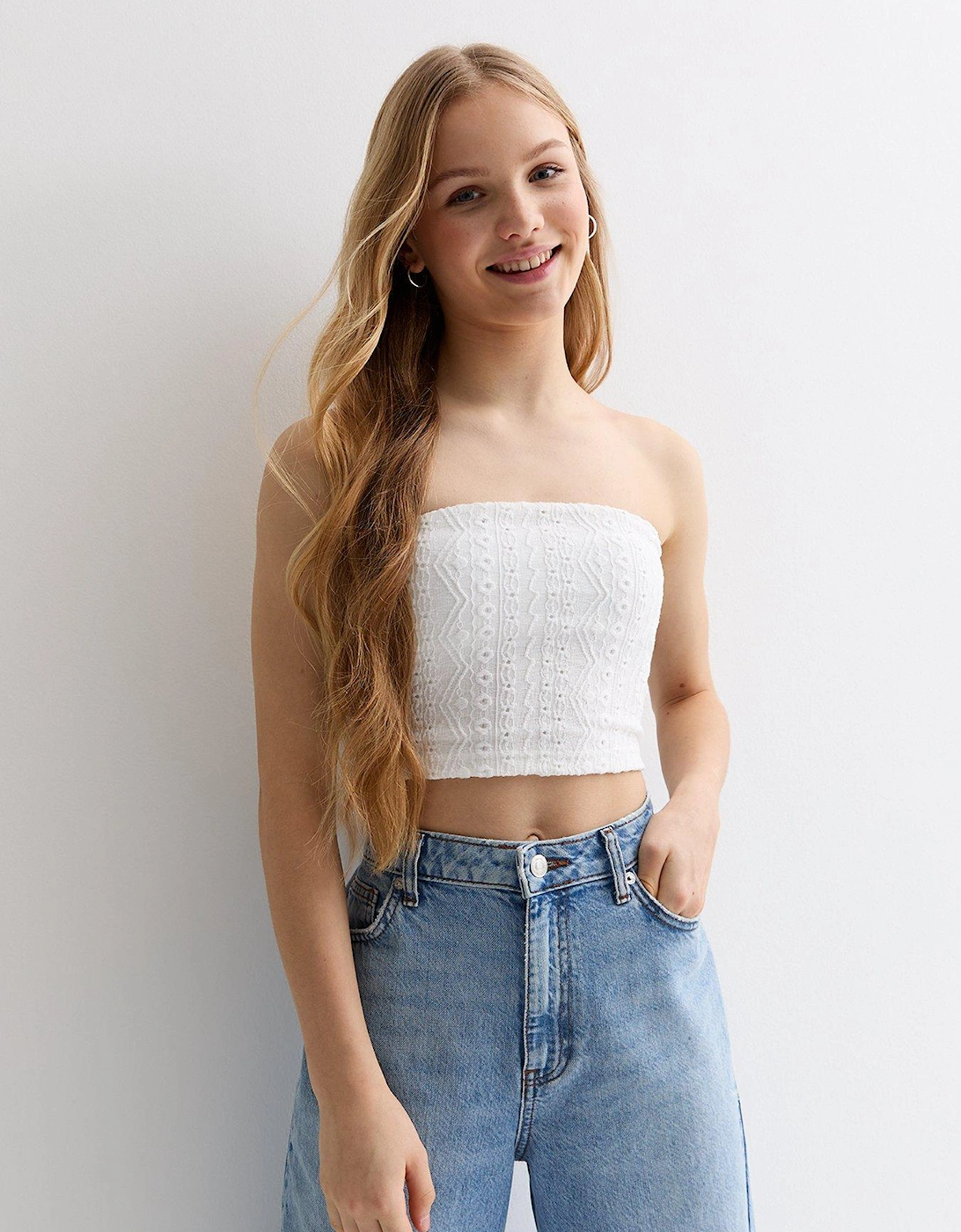 Girls White Broderie Bandeau Crop Top, 3 of 2