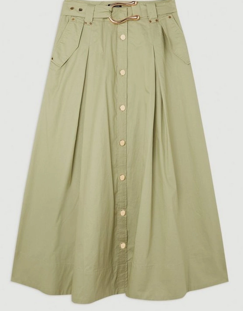 Cotton Sateen Button Woven Midi Skirt