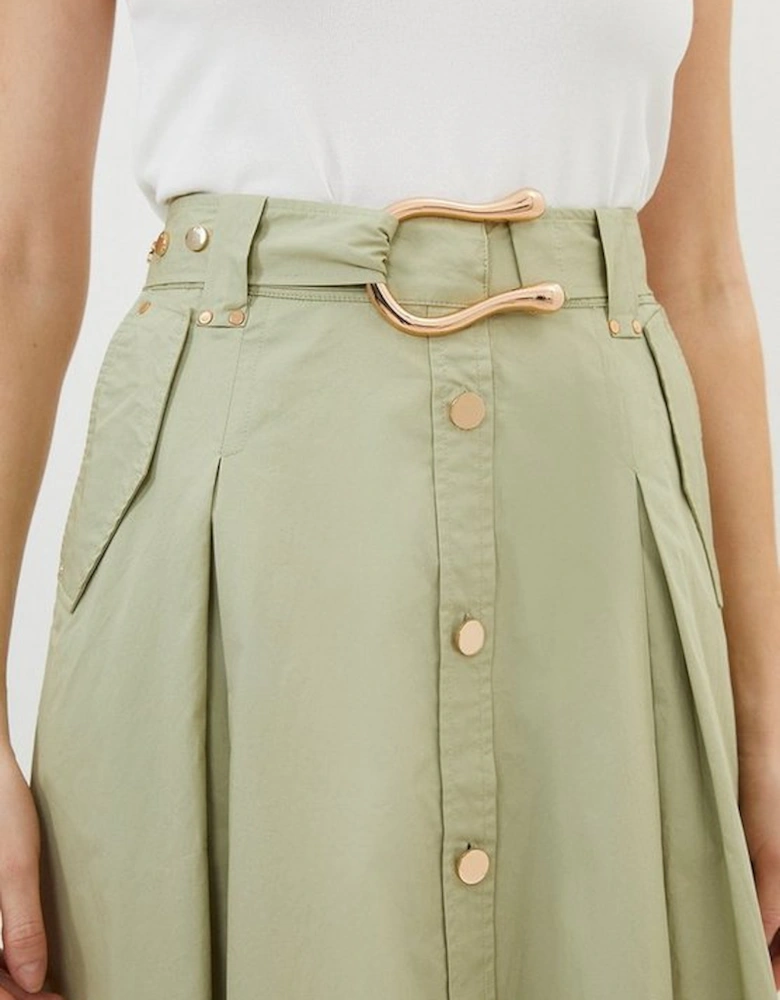 Cotton Sateen Button Woven Midi Skirt