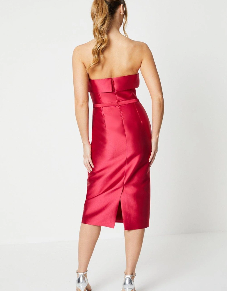 Twill Bandeau Pencil Dress With Bow