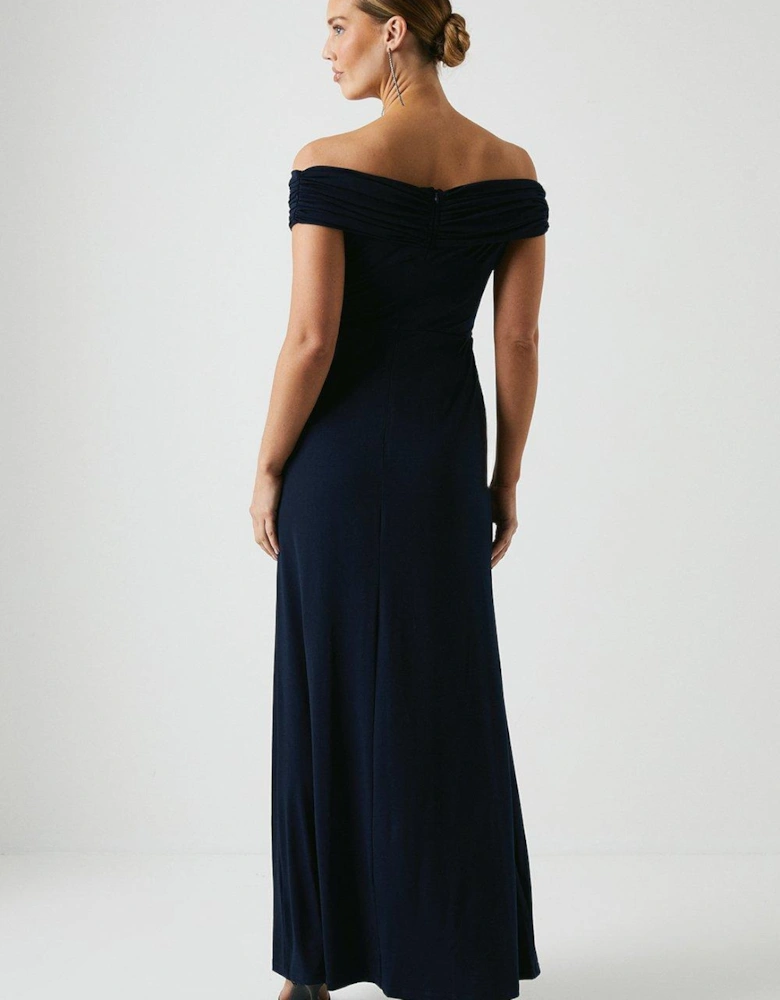 Ruched Bardot Fishtail Slinky Jersey Bridesmaids Maxi Dress