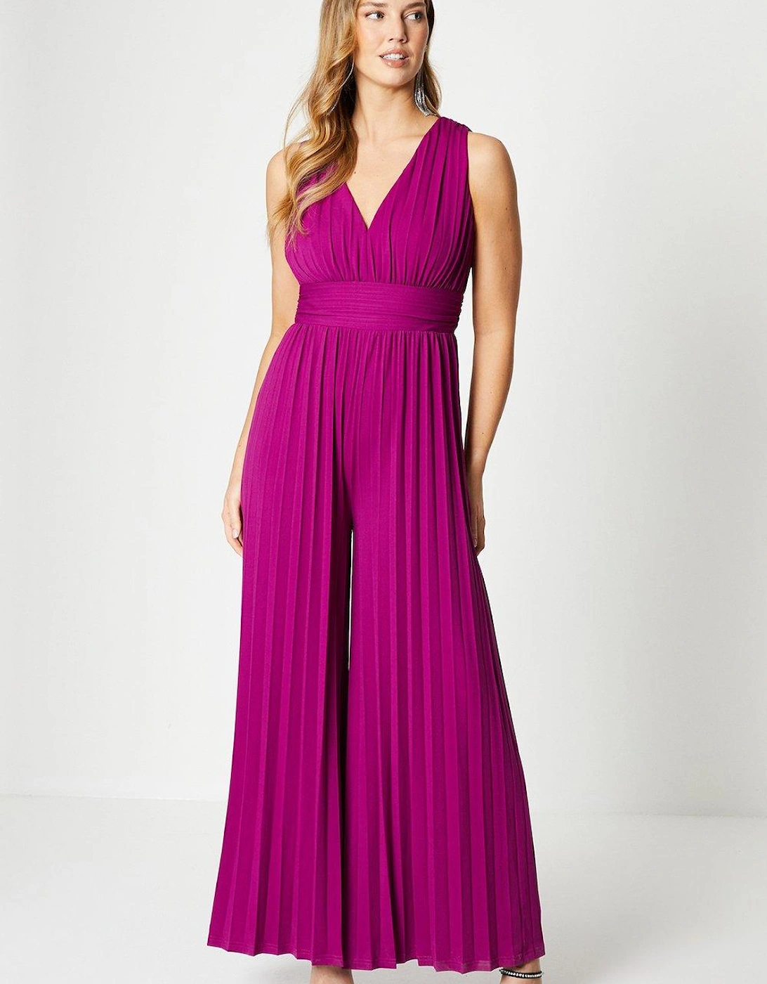 Plunge Neck Slinky Jersey Pleated Jumpsuit, 2 of 1