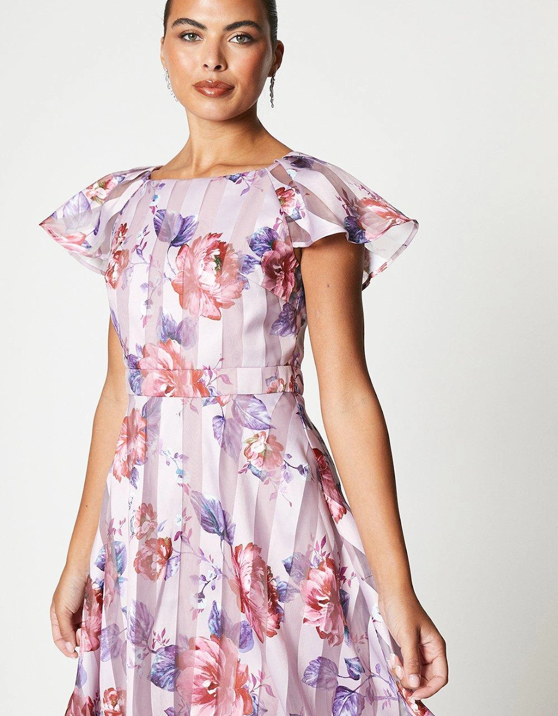 Print Stripe Organza Pleat Shoulder Midi Dress