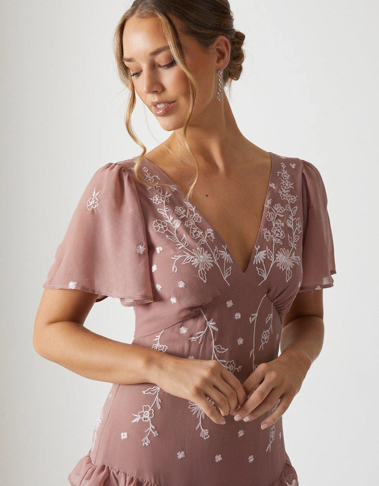 Trailing Floral Embroidered Angel Sleeve Bridesmaids Dress