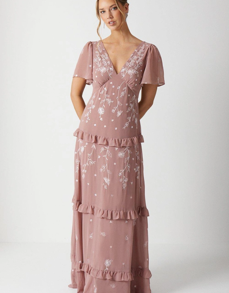 Trailing Floral Embroidered Angel Sleeve Bridesmaids Dress