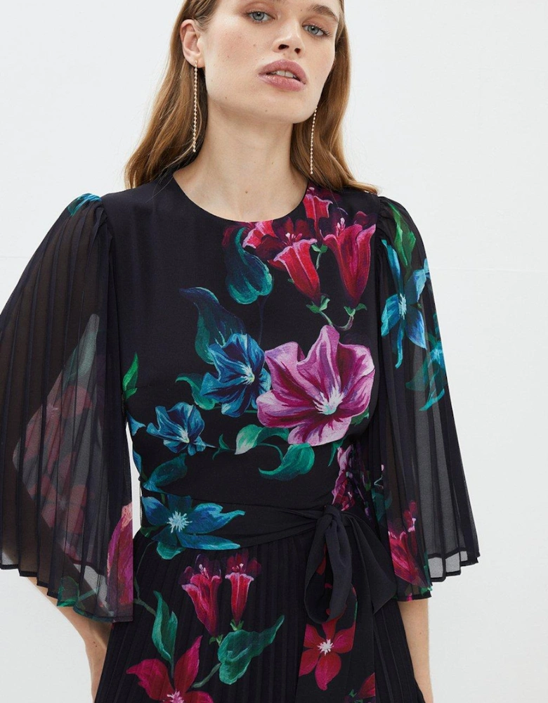 Floral Print Pleated Midi Dress