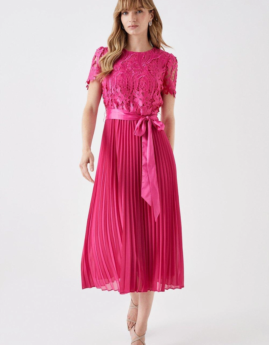 Premium Floral Satin Lace Pleat Skirt Midi Dress, 5 of 4