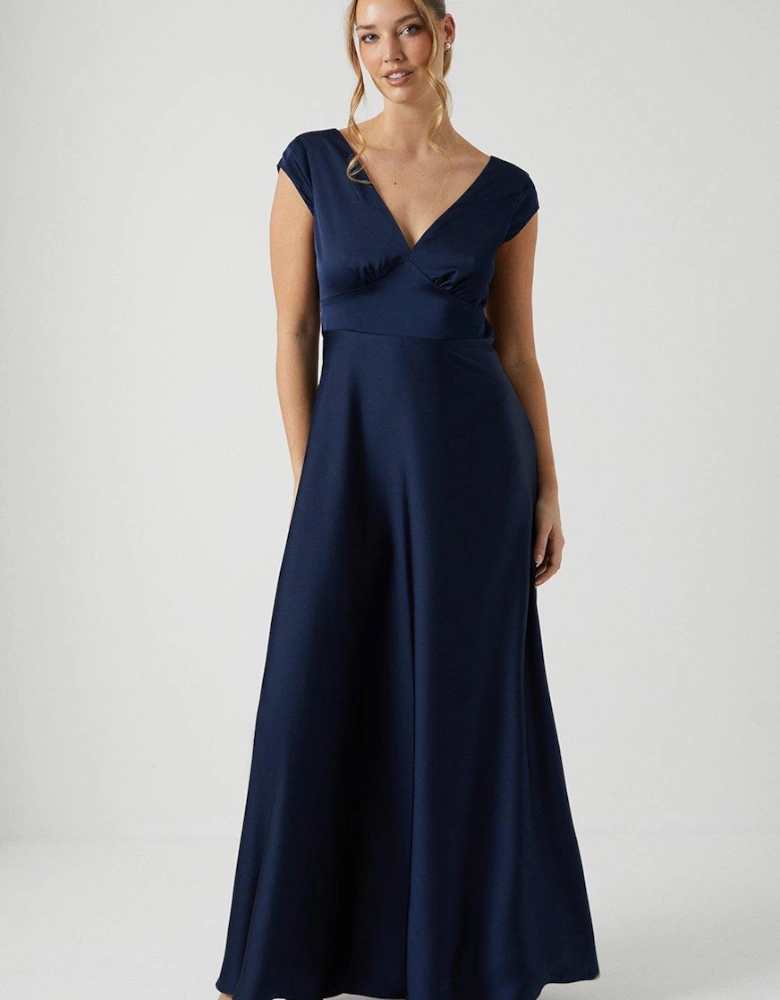 V Neck Satin Drape Tie Back Bridesmaids Dress