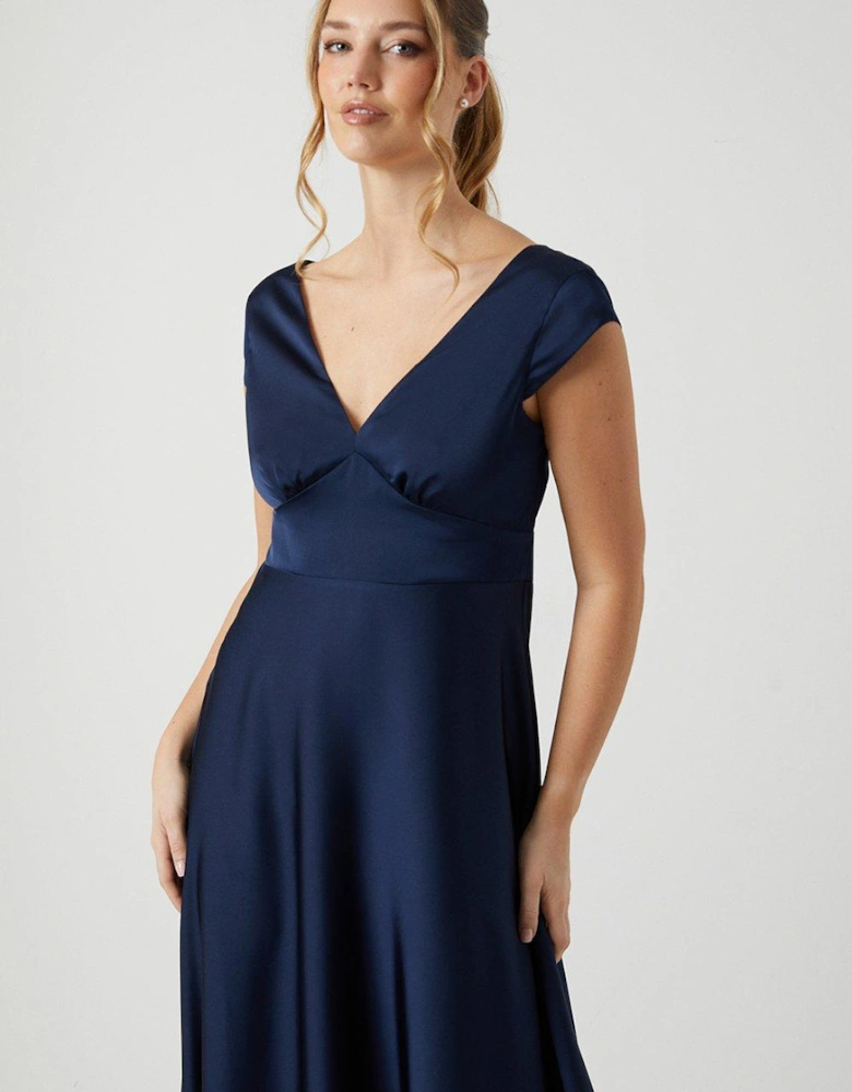 V Neck Satin Drape Tie Back Bridesmaids Dress